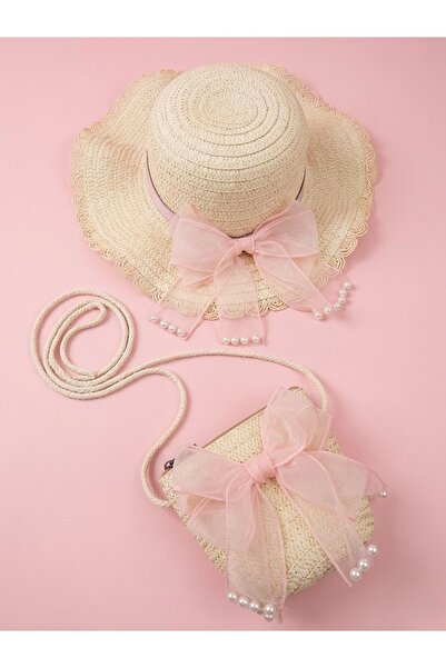 moimaaksesuar Kız Çocuk Hasır Şapka ve Çanta Seti 3-8 Yaş Pembe Fiyonk Detayl...