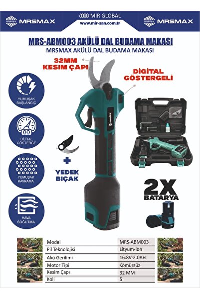MRSMAXX Pro 2000A Çift Akülü 32MM 2 Bıçaklı Şarjlı Dijital Ekran Bakır Motor Çelik Şanzuman Budama Makası