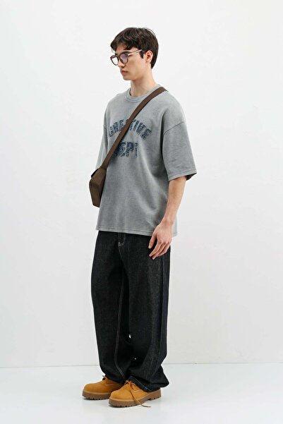 VAMOSCLO Washable Lettering Printed Oversize T-Shirt Gray