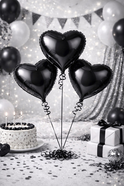 Happyewent Set of 3 Black Heart Foil Balloons (18 Inches / 45 cm)