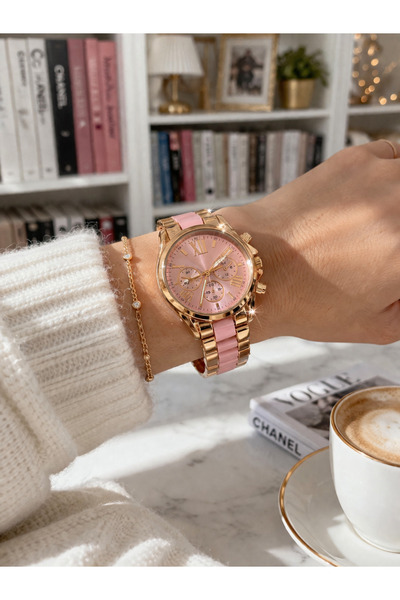 MİNPO Gold Renk Pembe Detaylı Özel Seri Analog Full Metal Kadın Saati