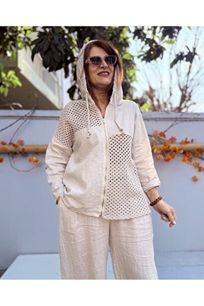 DenizEge Italian Mesh Detail Hooded Linen Jacket Stone