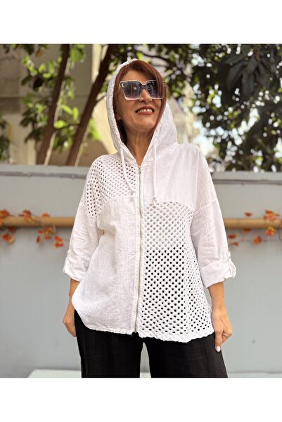 DenizEge Italian Mesh Detail Hooded Linen Jacket White