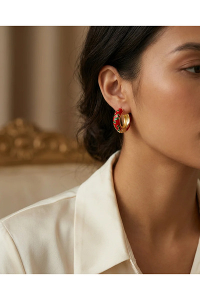 Dorvina Women's Earrings Gold Detailed Red Enamel Embellished Hoop Earrings V...