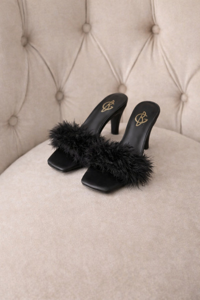 BZC AYAKKABI Black Feathered Mini-Heel Bridal Dowry Engagement Slippers