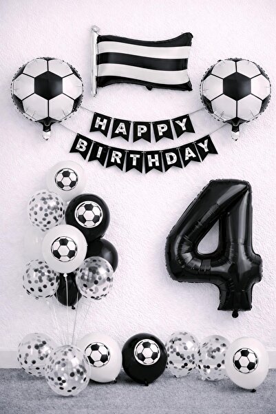 Patladı Gitti Black and White Football Themed 4Th Birthday Balloon Set