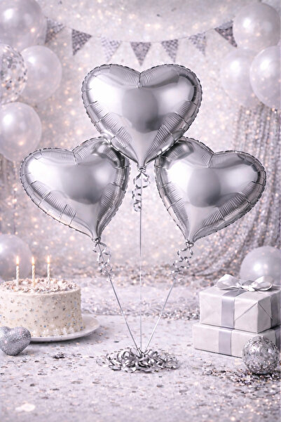 Happyewent 3-Piece Large Size Silver Heart Foil Balloon Set (24 Inches / 60 cm)