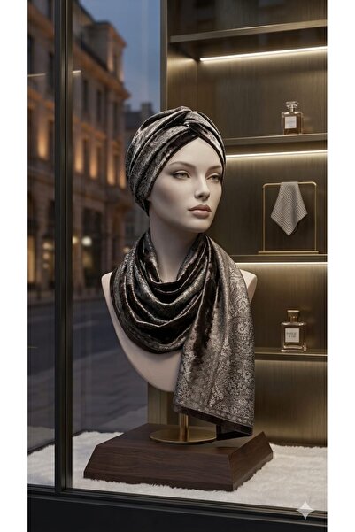 Mia Premium Seri - Kahve Tonlarında Klasik Desenli İpek Dokulu Şal