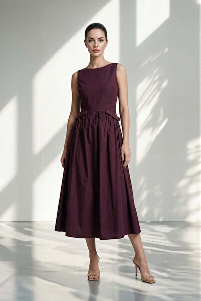 Setre Burgundy 100% Cotton Comfortable Cut Midi Dress with Stone and Waist De...