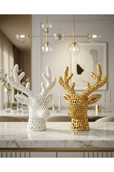Elana Design 2 Adet Geyik Figürü - Dekorasyon Obje - Beyaz ve Gold (Gizemli H...