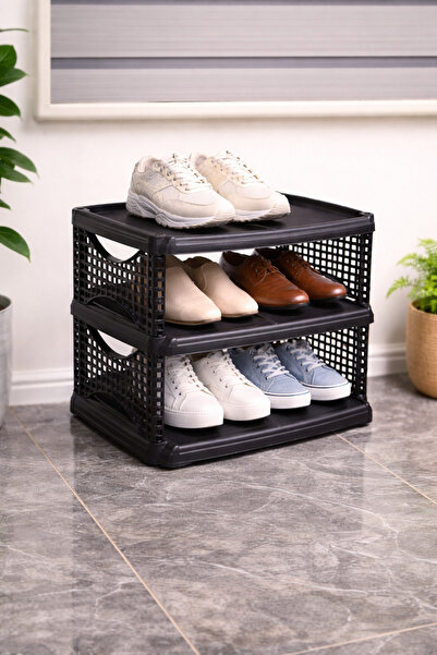 TİBOX 3 Katlı Ayakkabılık Plastik Büyük - Siyah Renk
