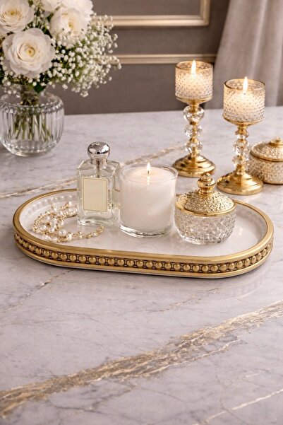 Sabletscrafts Decorative Oval Tray Antique Gold 25 cm Handmade Stylish Bathro...