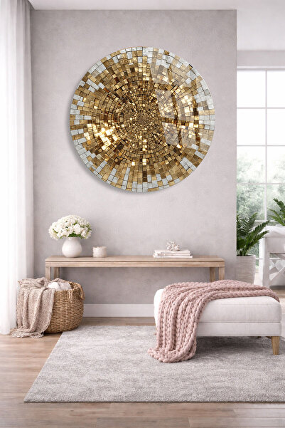 TAULART Unbreakable Glass Table – Golden Mosaic Spiral Luxury Abstract Art De...