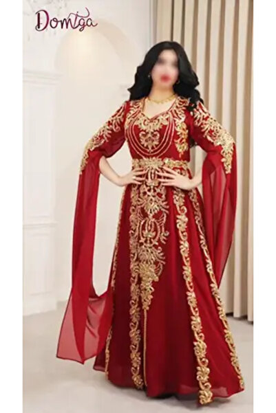 domiga Luxury Maroon Caftan with Gold Embroidery