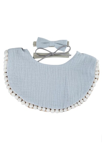 Bambimici -Sophia Set of Baby Bib and Ribbon Headband - Grey