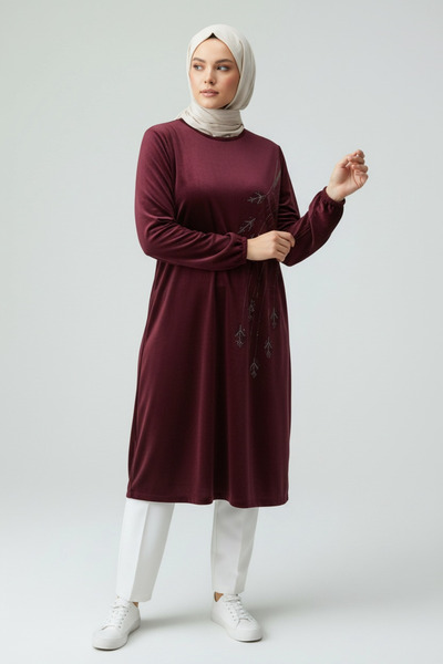 ECE GİYİM Women's Tunic with Stone Pattern on the Front, Elastic Sleeves, Six Straps, Plus Size