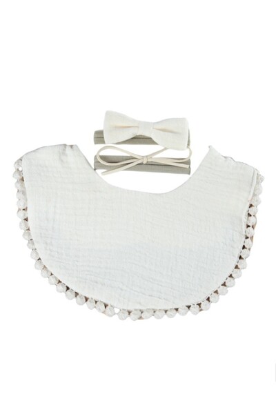 Bambimici -Sophia Set of Baby Bib and Ribbon Headband - Cream