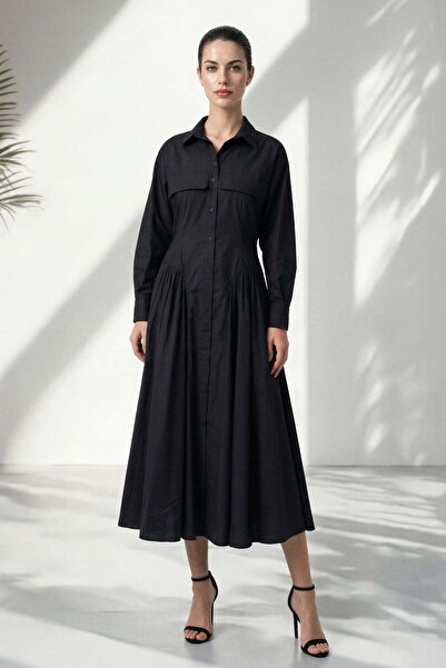 Setre Черна рокля с детайли, дълъг ръкав, удобна кройка и прилягане на талията