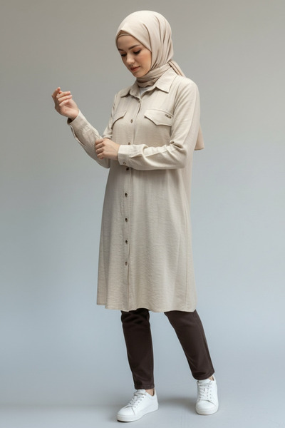 ECE GİYİM Women's Long Shirt with Metal Button Front Pocket Detail