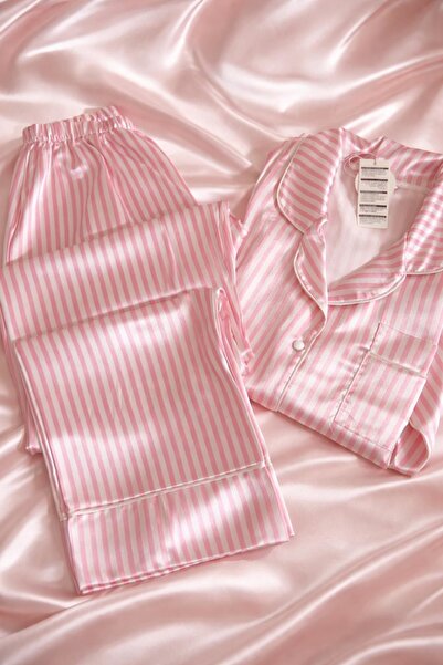 LUNA CH Pink Dream Şeritli Saten Gecelik Takımı