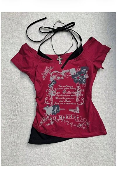 Köstebek Nuit Magique Flowers Burgundy Blouse with Additional Strap Short Sle...