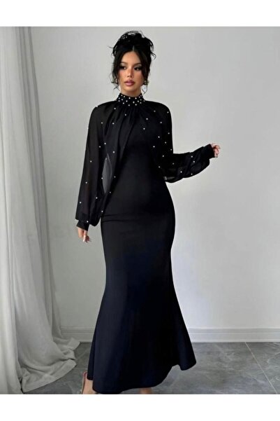 FRESCO SCARFS Women's Turtleneck Pearl and Tulle Detail Diver Fabric Maxi Len...