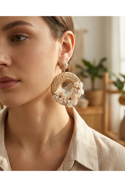 Dorvina Straw Women's Earrings Brown Dangle Round Floral Bohemian Summer Wome...