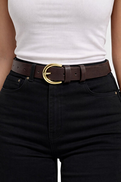 kemer krallığı Women's Brown Modern Belt – Gold Shiny Buckle