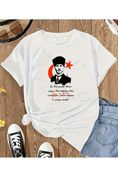 SUNFREE تي شيرت ATATURK مطبوع برقبة دائرية وأكمام قصيرة من القطن للجنسين