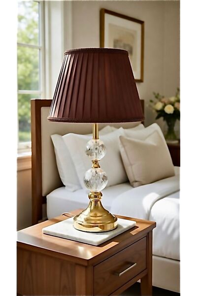 WuuQ Luxury Gold Crystal Body and Brown Fabric Head Design Lampshade - Bedroo...