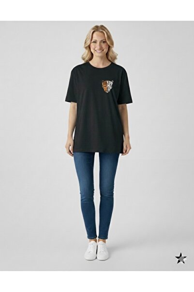 Siyah Leopar Baskılı T-shirt Oversize