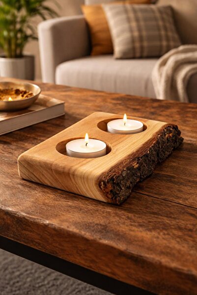 Doğal Sedir Ağacı 2'li Mumluk / El Yapımı Rustik Dekoratif Tealight Mumluk
