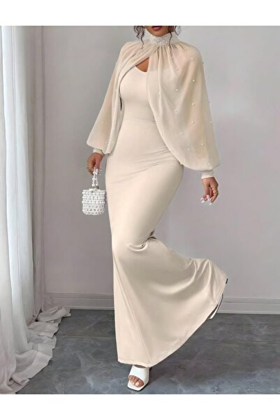 FRESCO SCARFS Women's Turtleneck Pearl and Tulle Detail Diver Fabric Maxi Len...