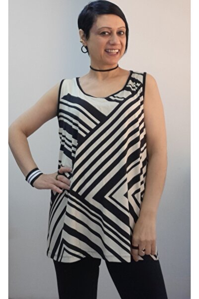 Mertcan Butik Cream Black Striped Thick Strap Combed Viscose T-Shirt