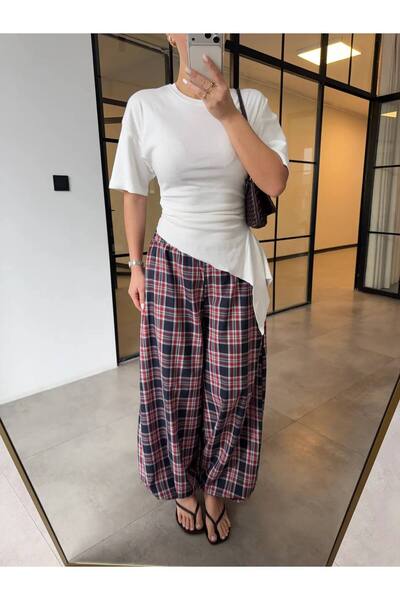 LOKADI Pantaloni shalwar largi, cu talie înaltă, cu model în carouri maro, pe...