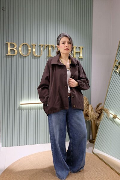 boutich Kadın Kahverengi Dik Yaka Oversize Mevsimlik Bomber Ceket Mont