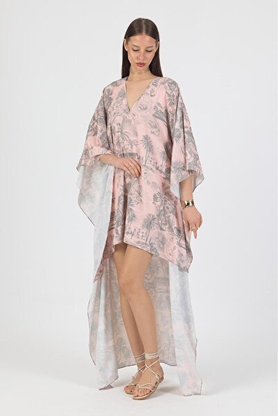 ZALİV Kadın Kimono Elbise Tropik Desenli Uzun
