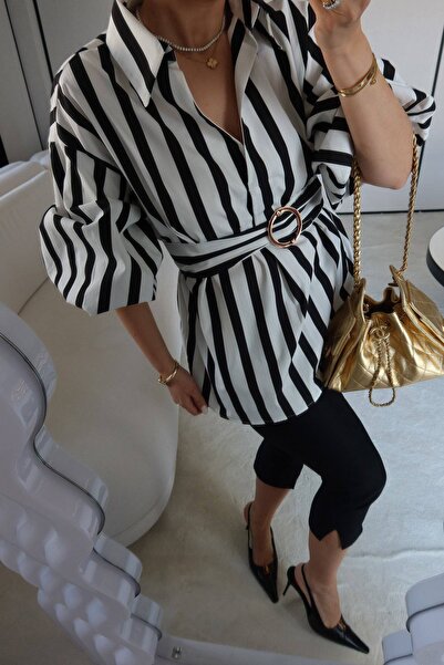 LOKADI Cămașă tunică cu mâneci bufante, cu dungi alb-negru și curea în talie ...