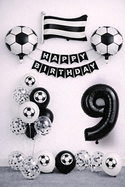 Patladı Gitti Black and White Football Themed 9Th Birthday Balloon Set