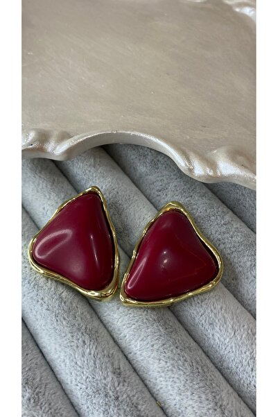 SELUVİA Gold Detailed Red Stone Geometric Women's Earrings – Large Size Vip D...