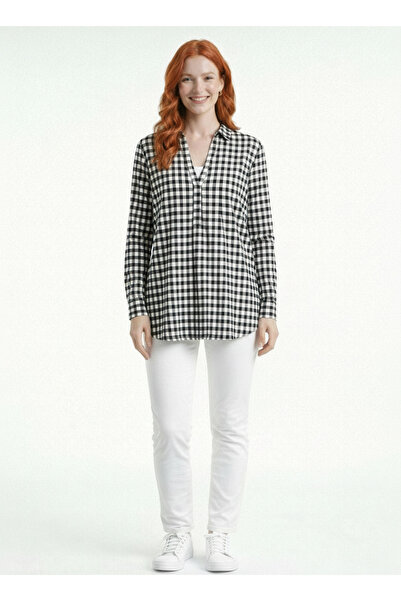 Neden Tekstil Women's Plaid Shirt Collar Long Sleeve Blouse