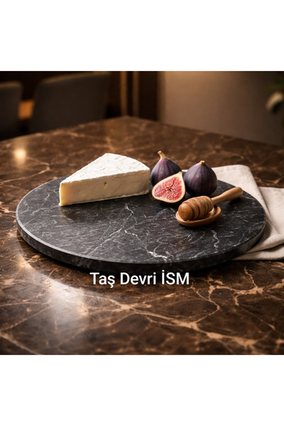 Taş Devri İSM Tavă rotundă de prezentare din marmură, 27 cm, neagră, cu desig...