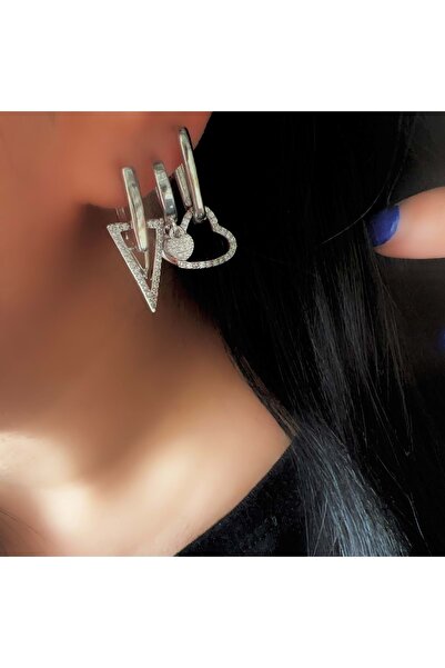 ACAR TAKI Triple Stone Triangle-Heart Earring Set-Silver Color Acr9350