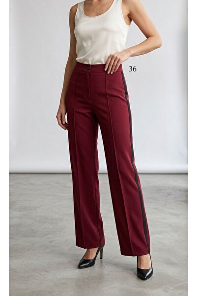 DUUE FASHİON Burgundy Stripe Detailed High Waist Wide Leg Trousers