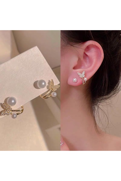 Gold Color Butterfly Pearl Earrings – Elegant Minimal Women's Earrings