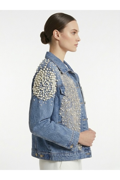 Rabiossa Women's Angel Wing Embroidered and Pearl Detailed Oversize Denim Jacket