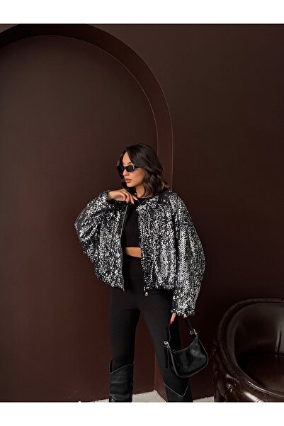 VERYMODA Sequined Oversized Women's Jacket – Zippered Sparkling Stylish Top |...