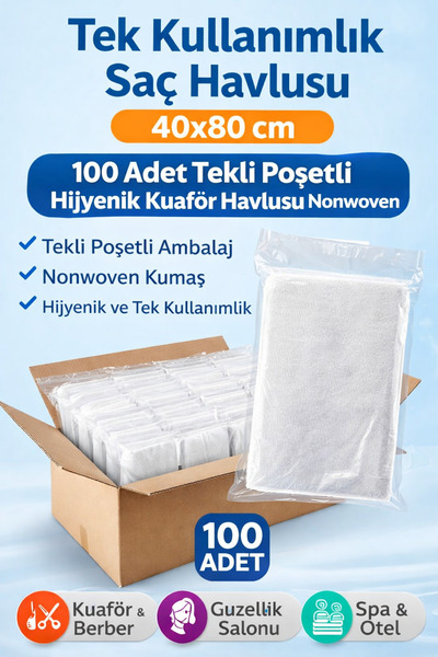 Genel Markalar Tek Kullanımlık Saç Havlusu 40x80 cm 100 Adet Tekli Poşetli Hi...