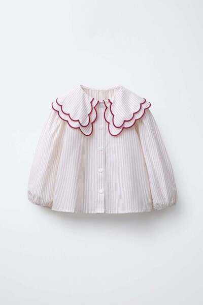Magu Girl's Cotton Beige Striped Blouse Shirt - Burgundy Piping and Flounce C...
