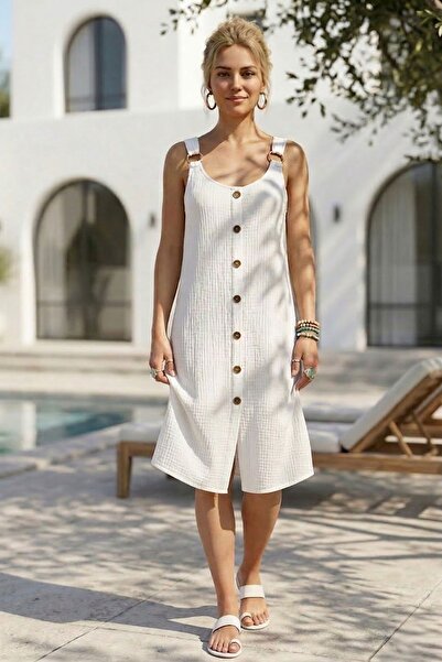 Chiccy Rochie casual din muselină țesută, cu bretele albe, cu nasturi, fără b...